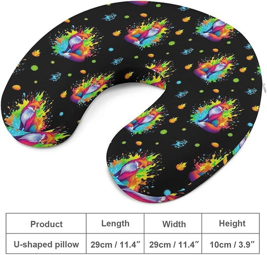 Memory Foam Travel Pillow Colorful Nine Tailed Fox Art, Breathable Chin Head Support, Washable Zip Cover for Airplane Car Office Pain Relief