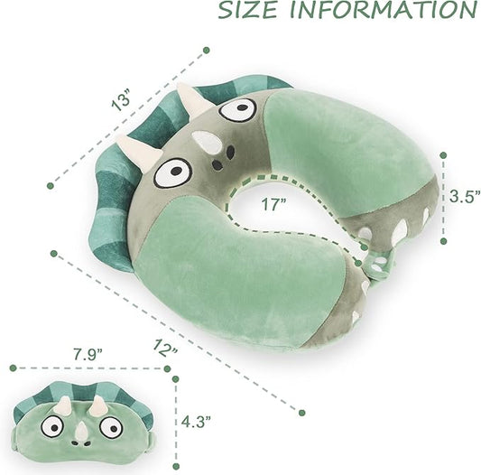 Sexysamba Cartoon Headrest & Neck Pillow for Kids Boys & Girls, Teens, Travel Accessories for Airplane, Car, Recline, Memory Foam Cute Travel Pillow with Sleep Eye Mask - Green Triceratops