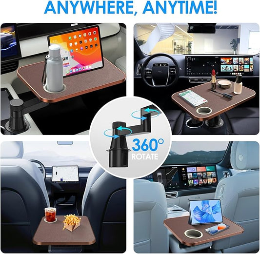 Car Tray& Car Desk for Laptop,Dual 360° Rotating,Anti Slip Leather Surface,Steering Wheel Tray,Car Accessories- Compatible with Tesila Model Y/3/S, Forrd F150/Explorer/Maverick/Most Vehicles (Brown)