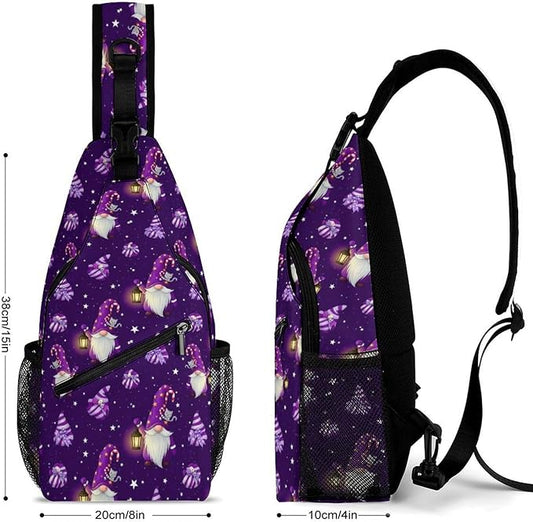 SWEET TANG Cool Sling Backpack for Men Women, Multipurpose Crossbody Shoulder Bag Gnome Purple, Travel Hiking Zippered Daypack, Adjustable and Breathable