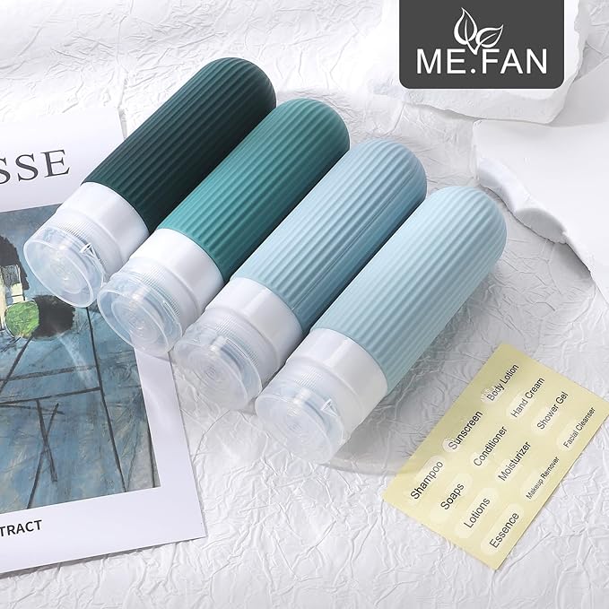 ME.FAN Travel Bottles for Toiletries, TSA Approved 3oz Silicone Journey Size Containers, Portable Split Bottle for Conditioner, Shampoo, Lotion- 4 Pack Blue