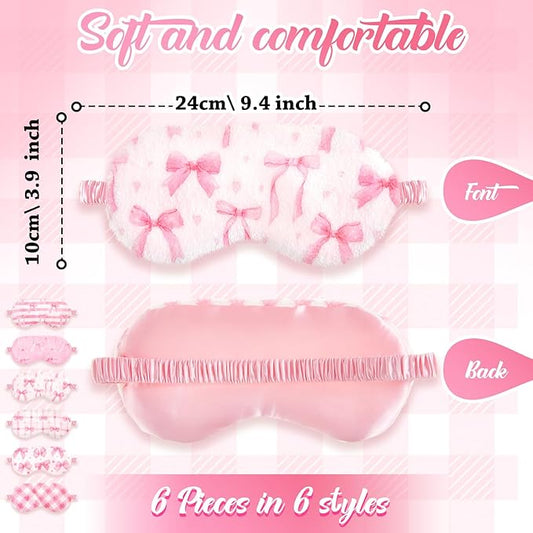 Cuffbow 6 Pcs Plush Sleep Eye Mask Silk Furry Eye Covers for Sleeping Cute Sleep Mask Fluffy Comfortable Sleeping Blindfold for Travel Sleepover Nap Party Supply Women(Plaid Bow,Pink)