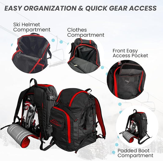 Savvycraft Ski Boot Bag Snowboard Boot Bag, 50L Ski Backpack for Ski and Snowboard Boots, Helmets, Gloves, and Accessories, Lightweight, Durable, Convenient, Red
