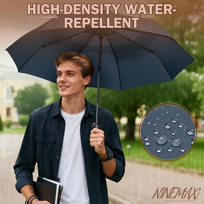 NINEMAX Windproof Travel Umbrella for Rain, Automatic Umbrellas Double Canopy Vented Compact for Men Women (Navy Blue)