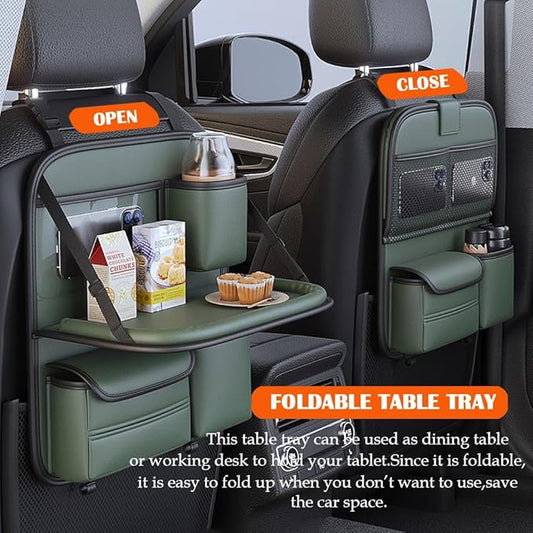 Car Backseat Organizer with Foldable Table Tray,Hanging Storage Bag with Touch Screen Phone Holder,Premium PU Leather Material,Compatible with Most Vehicles,Inner Car Accessories
