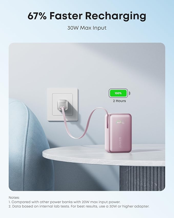 Anker Nano Portable Charger, 10,000mAh 45W Max Compact Power Bank, Travel Essential Phone Battery Pack with 2.3 ft InstaCord Retractable Cable for iPhone 17/16 Series, iPad, Galaxy, and More (Pink)