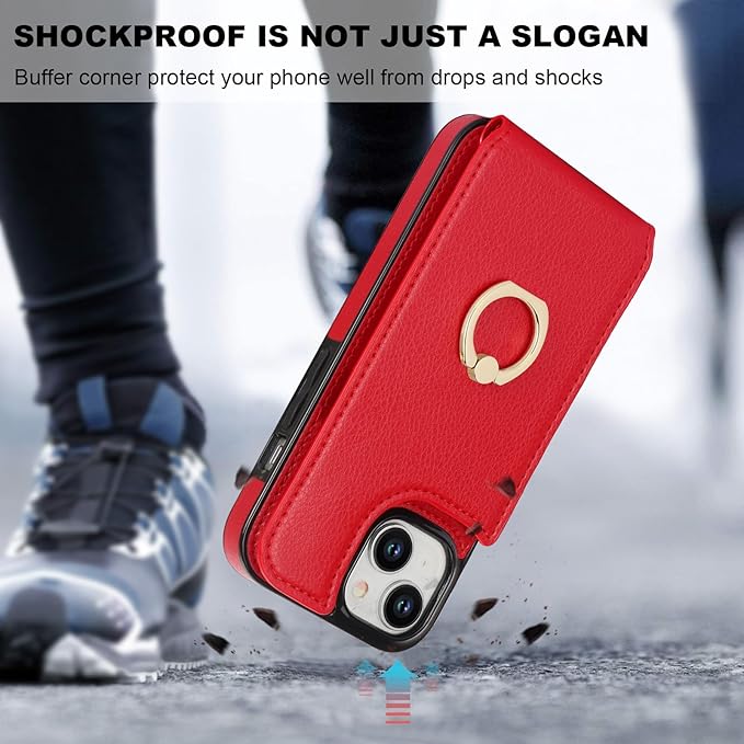 Folosu Compatible with iPhone 15 Case Wallet with Card Holder, 360°Rotation Finger Ring Holder Kickstand, RFID Blocking Leather Protective Double Buttons Shockproof Cover 6.1 Inch Red