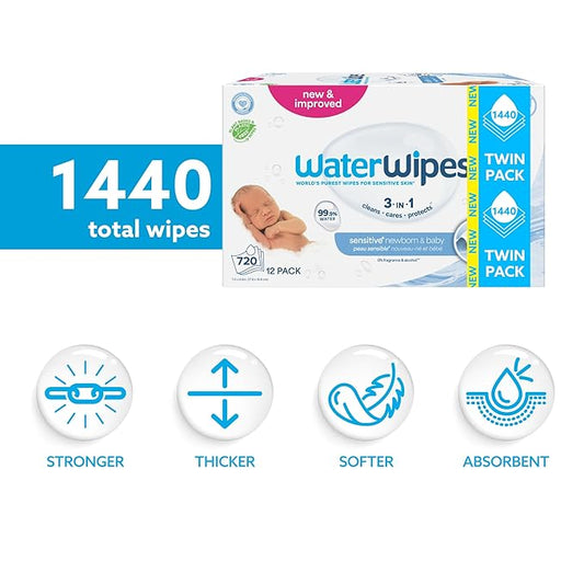 WaterWipes Sensitive+ Newborn & Baby Wipes, 3-In-1 Cleans, Cares, Protects, 99.9% Water, Unscented & Hypoallergenic, 1440 Count (24 Packs)