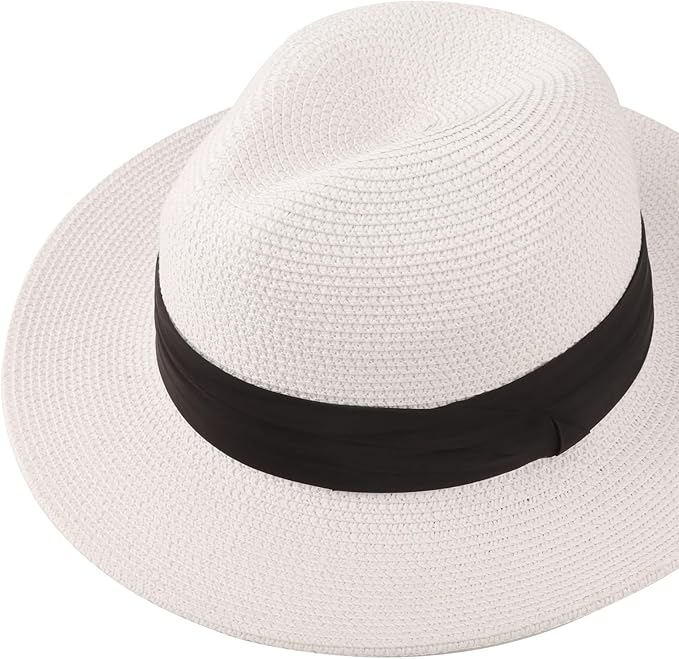 DRESHOW Women Straw Panama Hat Travel Fedora Beach Sun Hat Summer Wide Brim Straw Roll up Hat UPF 50+