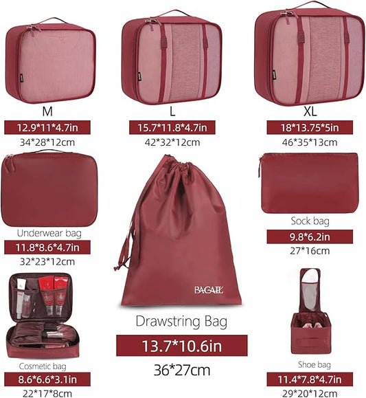 BAGAIL 8 Set Packing Cubes Luggage Packing Organizers for Travel Accessories-Wine Red