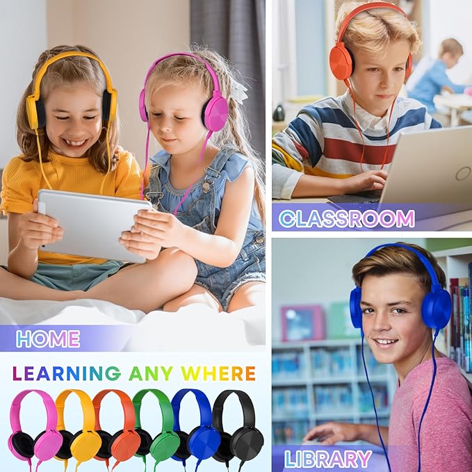 Classroom Headphones Bulk 10 Pack Multi Color for Kids School Students, Wholesale Class Set Durable Earphones for Children Toddler Teens Boys Girls Adult Chromebooks Laptop Computer(LS450, 10 Mixed)