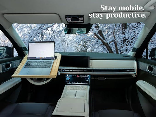 SPINIFLY 2 in 1 Steering Wheel Tray – Car Tray & Food Table – Car Essentials Double Sided Bamboo Car Desk for Laptop, Eating & Reading – Fits up to 17" Laptop
