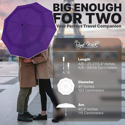Royal Walk Windproof Folding Travel Umbrella Compact and Strong Luxurious Real Wood Handle Automatic Open Close Vented Double Canopy for Men and Women