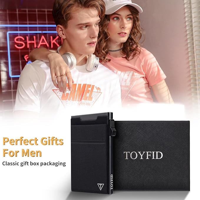 Slim RFID Blocking Wallets,Pop Up Minimalist Card Holder for Men & Women Metal Thin Front Pocket Wallet Credit Card Holder with Elastic Coin Pocket,6-12 Card Capacity,Black