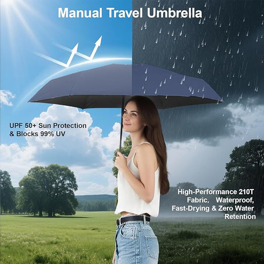 Compact Travel Umbrella - Mini Manual Umbrella for Purse, Windproof & UPF 50+ Sun & Rain Protection, Lightweight Portable Folding with Case for Women, Men,Kids