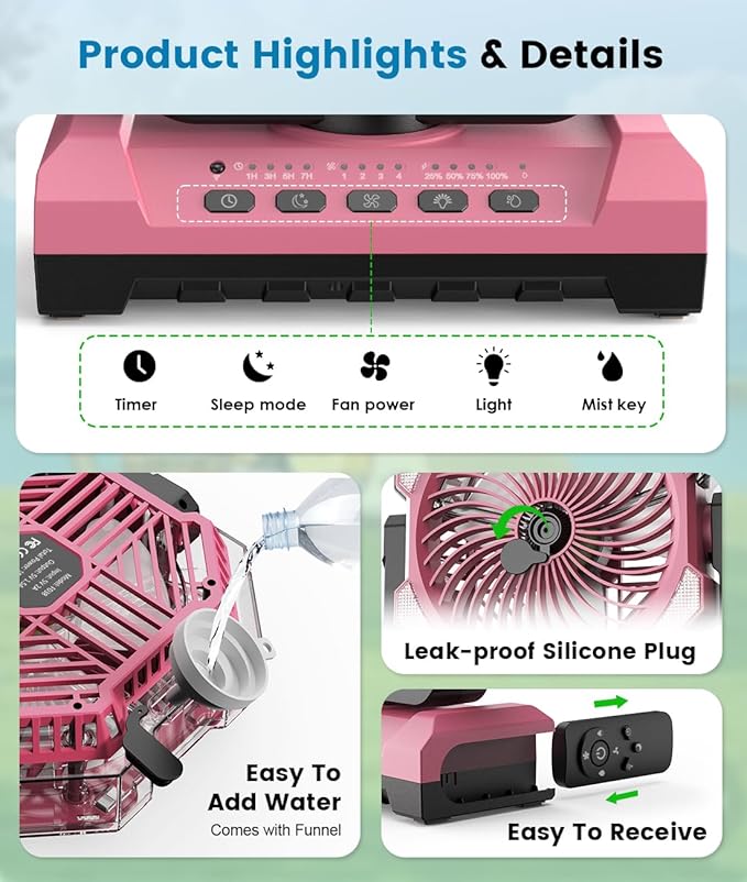 Misting Fan - Pink Portable Rechargeable Fan with 9oz Water Tank, Light, Hook - Versatile, 120H MAX Cooling, Last 5H Mist, 4 Speed, Sleep Mode - Outdoor Fans for Camping, Travel, Patios