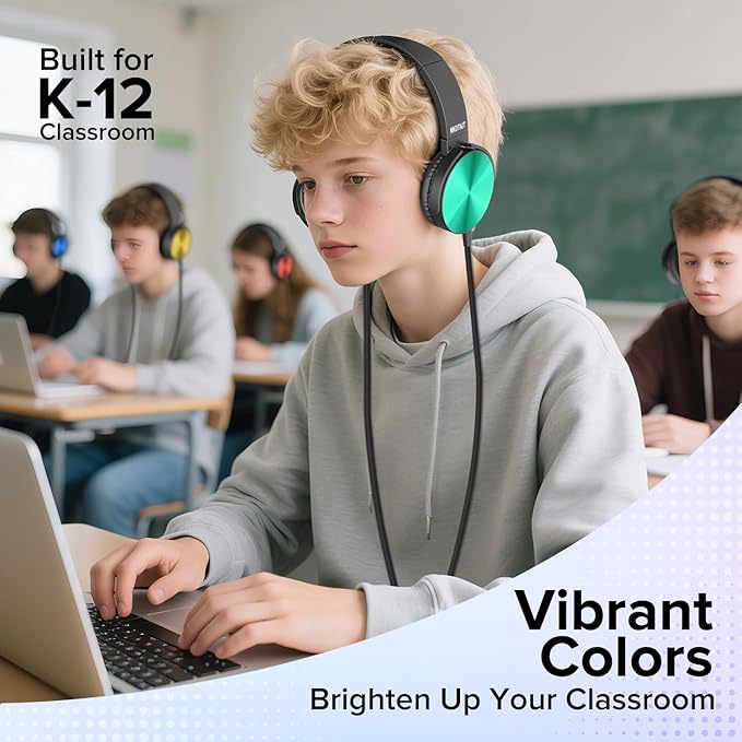 Bulk Headphones for Classroom School Student,24 Pack Durable Wired Kids On-Ear Earphones,3.5mm Plug for Computer,Kindle Fire,Chromebook,Laptop,Mobile Phone(HTC004,Colorful)
