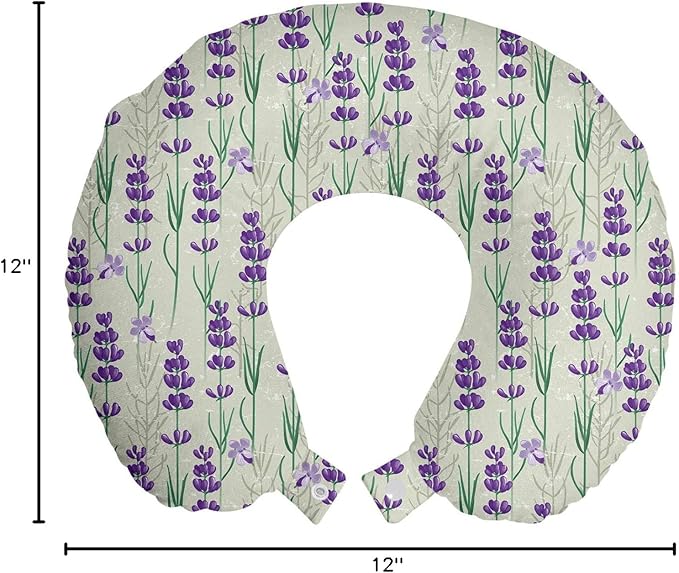 Ambesonne Lavender Travel Pillow Neck Rest, Botanical Pattern with Fresh Herbs Aromatherapy Spa Theme, Memory Foam Traveling Accessory for Airplane and Car, 12", Pale Sage Green Violet