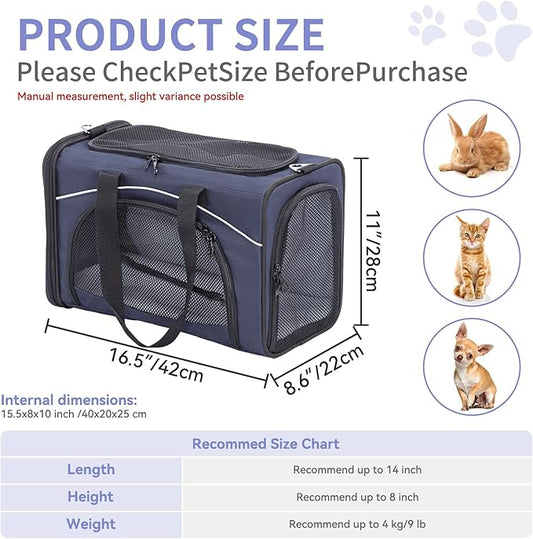 âPetsfit Airline Approved Pet Carrier for Small Cats, 16.5x8.6x11 TSA Approved Carrier, with Removable Dual-Sided Padding (2-Way Placement) - Fits Under Most Airplane Seats, Escape Proof (Navy)