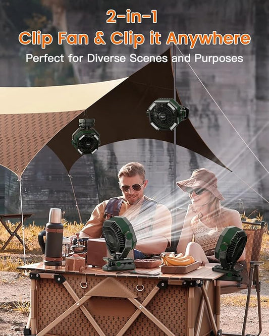 coldSky Camping Fan with Dual Motor, 20000mAh Clip On with Digital Display, 9-Inch Portable Battery Operated with LED Lantern, Tent Fan for Camping with Remote, 5 Speeds, 4 Timing, Outdoor Green