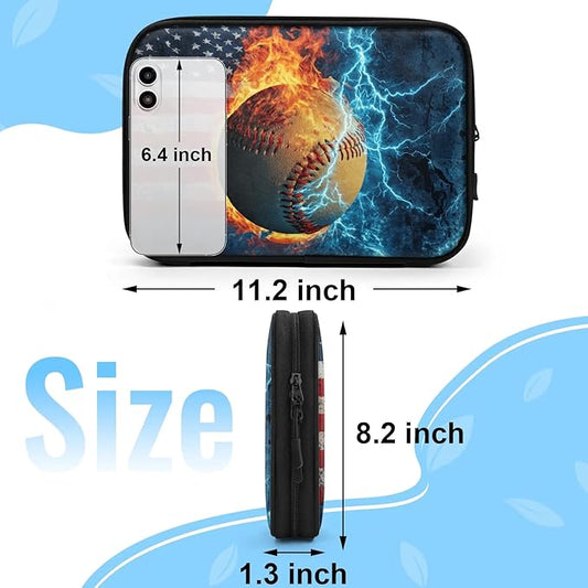 Vintage Baseball Travel Cable Organizer Pouch Fire American Flag Electronics Accessories Carry Case Portable Water Resistant Storage Bag for Cord Charger Phone Earphone SD Card