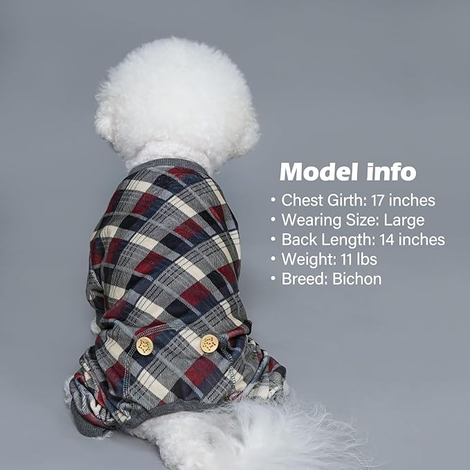 KYEESE Dog Pajamas Large Sized Dog Velvet Pjs Soft Pet Clothes Comfy Coat Stretchy Onesie Plaid Doggie Jammies, Grey, XXXL