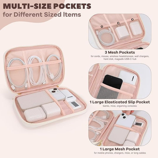 Electronics Organizer Travel Case, Charger Bag Cord Organizer Travel, Compact Tech Pouch Cable Organizer Bag for Charger, Cords, Phone, Headphones, Flash Drive, SD Card (Beige, Small-Single Layer)