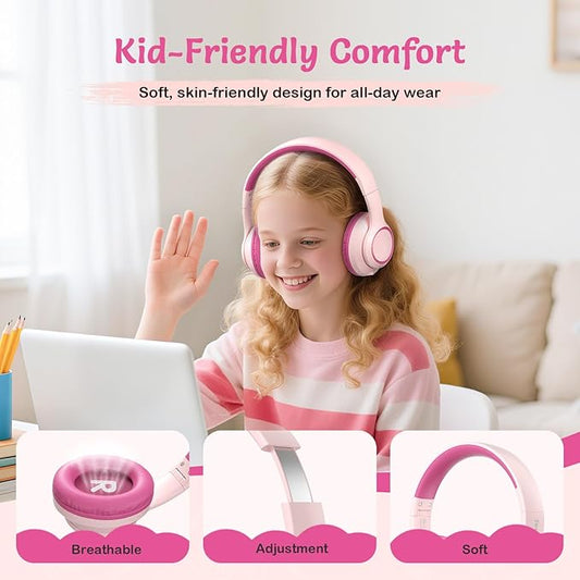 Kids Bluetooth Headphones with Active Noise Cancelling, Wireless Over-Ear Headphones for Boys Girls, Foldable, Adjustable, Safe Volume, 40H Playtime, Mic for School Travel(Pink)
