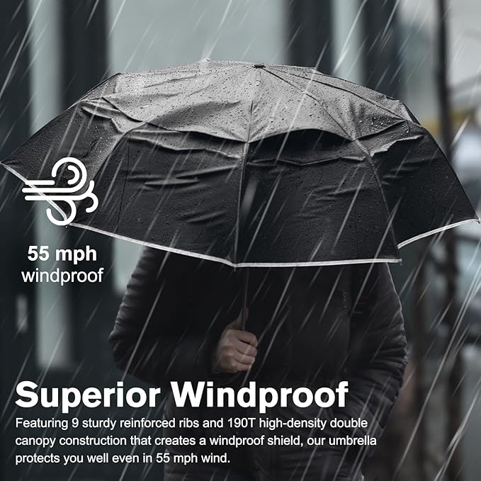 G4Free 42 Inch Eco Windproof Folding Umbrella for Rain & Sun 9 Ribs Wind Resistant Strong Fiberglass Double Canopy with Reflective Strip for Women Men Auto Open Close For Car & Backpack