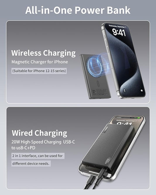 Portable Charger Power Bank, 10000mAh Wireless Charger iPhone with USB C to 20 W PD Fast Charging Cable, Mag-Safe Battery Pack Magnetic Charger for iPhone 17/16/15/14/13/12 Pro/Pro Max/Plus iPad