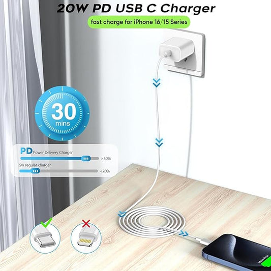 USB C Charger for iPhone 16/15 Charger Fast Charging, 20W Apple Fast USB C Wall Chargers 2Pack Type C Blocks Adapter Fast USBC Charging Cable Cord for iPhone 16 Pro Max/iPhone15 Plus/iPad Pro/Air/Mini