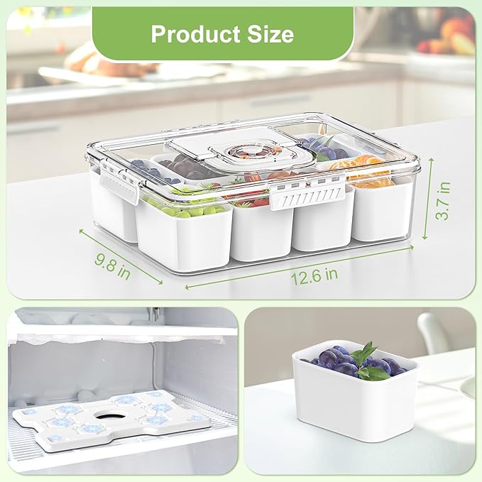 Chilled Snackle Box Container with Ice Pack, Charcoolerie Chilled Portable Serving Tray with Lid and Handle, 8 Compartment Snack Container for Charcuterie Snack Road Trip Picnic Keep Fresh