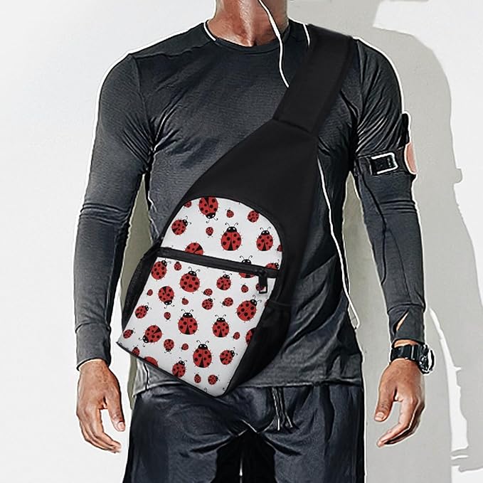 SWEET TANG Lightweight Sling Shoulder Backpack, Adjustable Gym Bags Red Ladybug White, Large Capacity Chest Cross Body Bag Daypack, Outdoor Multipurpose Bag