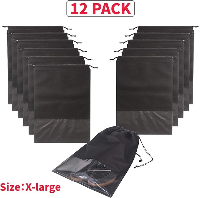 12PCS Travel Shoe Bags with Rope for Men and Women Large Shoes Pouch Storage Packing Organizers, Black
