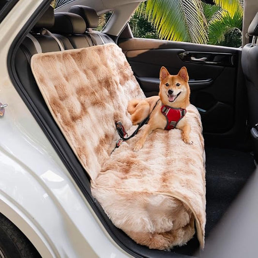 FUNNY FUZZY Fluffy Dog Car Seat Cover for Back Seat (Bench), Water-Resistant with Nonslip Backing,Pet Seat Protector for Cars SUVs Trucks(Brown