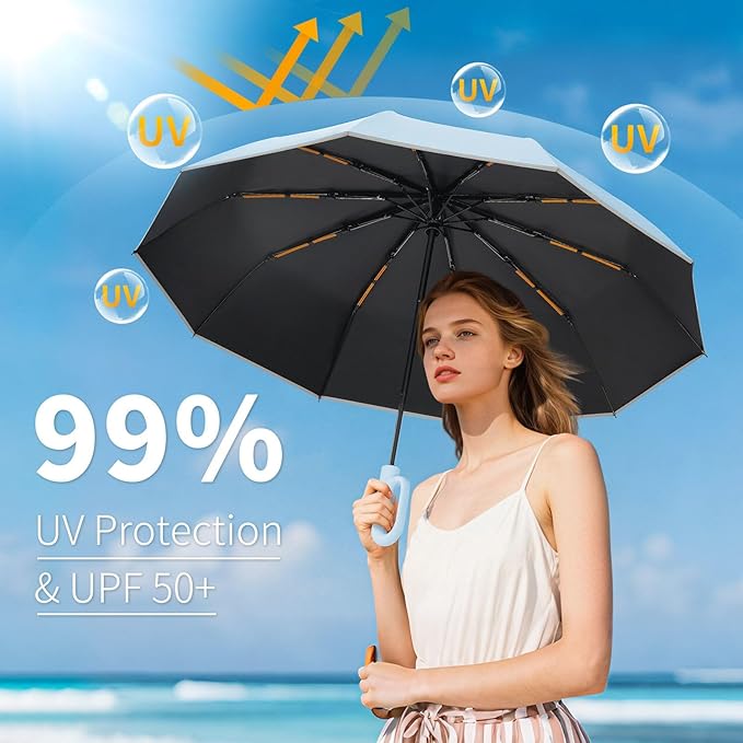 Seniny Travel Umbrella with Carabiner Handle, Windproof Large Umbrellas for Rain with Dual-Rib Structure, Portable Compact Umbrella with Reflective Strip, Car Backpack UV Umbrellas for Sun Protection