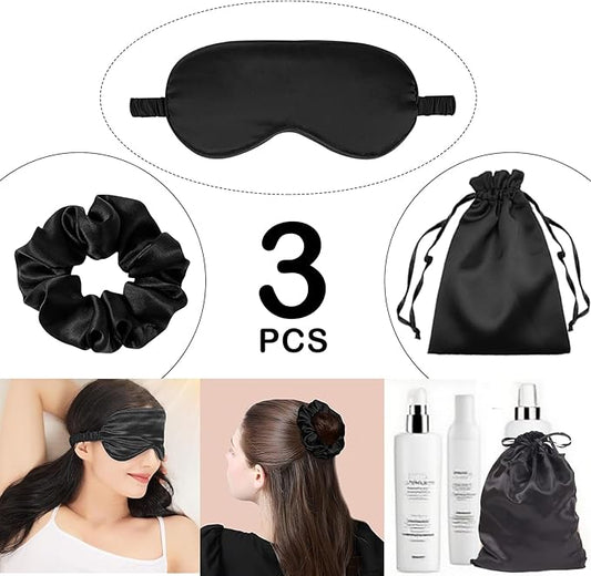 3Pcs Satin Eye Mask Silk Sleep Masks Set Silky Blindfold Eyeshade Blackout Eyes Cover Pouches Bag Scrunchy Wedding Gift