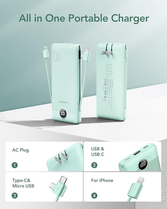 VEGER Portable Charger with Built-in AC Plug and Cables, All in One 10000mAh Ultra-Slim Power Bank, 15W Fast Charging for iPhone, Samsung, Android, Travel Essential (Coffee)