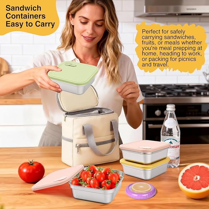 T-Raputa 3Pc Sandwich Containers and Fruit Storage Storage, 20oz 304 Stainless Steel Sandwich Box with Lids, Reusable Metal Meal Prep Lunch Boxes, BPA-Free, Food Storage Containers for Snacks & Fruits