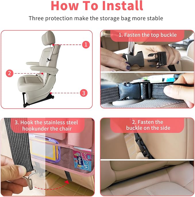 Etre Jeune Car Backseat Organizer with Tray, Seat Back Table Holder with 6 Storage Pockets, Car Seat Back Protectors Kick Mats Travel Accessories, 2 Pack Pink