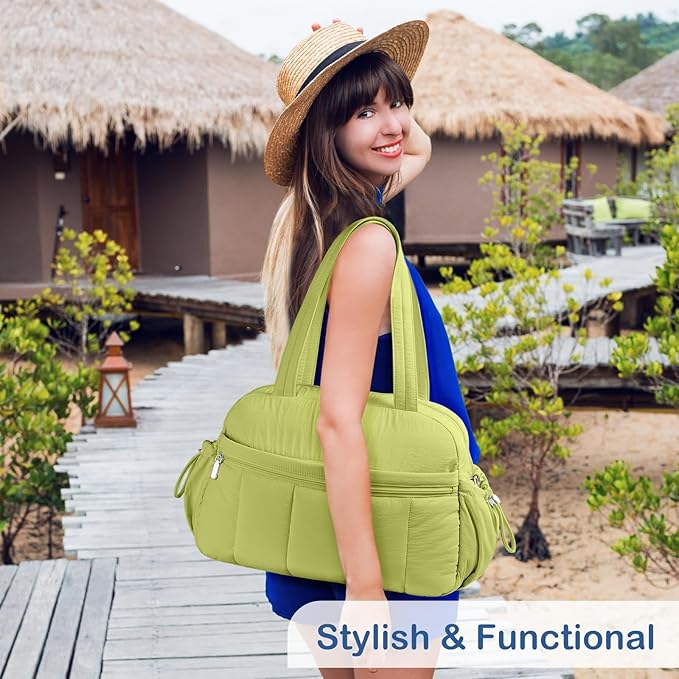 TOPDesign Travel Duffel Bag for Women, Puffer Gym Bag Sports Tote with Wet Pocket, Carry On Weekender with Luggage Sleeve (Light Green)