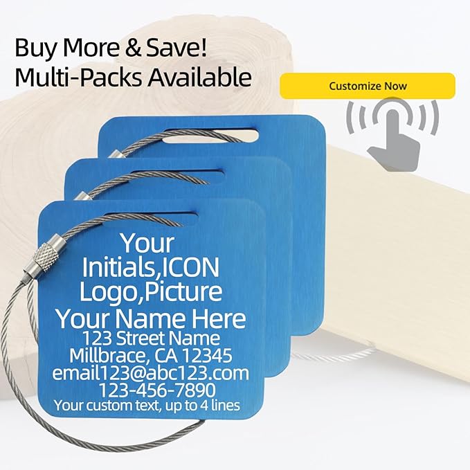 Sturdy and Durable Personalized Luggage Tags for Suitcases,Cruise Essentials Travel Tags for Luggage,Travel Bag Labels,Travel Essentials Heavy-Duty Stainless Steel Blue Square Suitcases Tags