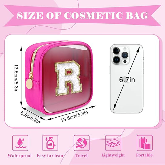 Personalized Initial Letter Clear Preppy Makeup Bag,Mini Nylon Chenille Letter Cosmetic Bag Cute Zipper Pouch Coin Purse for Teen Girls,Portable TSA Approved Travel Essentials Bag Gift for Women,R