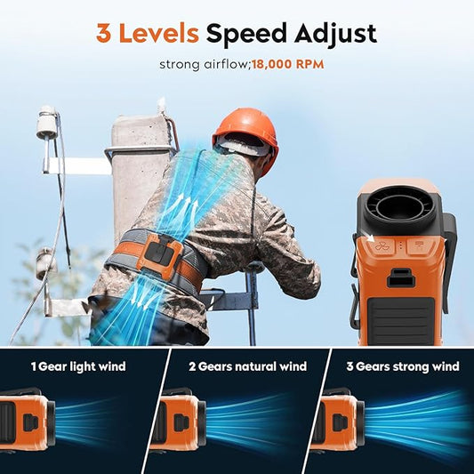 Portable Waist Fan 18000RPM Strong Airflow Waist Fan Belt fan With Max 12H Working Time 3 Speeds adjustment With LED flashlight Rechargeable Personal Fan for Outdoor Jobsite(Orange)
