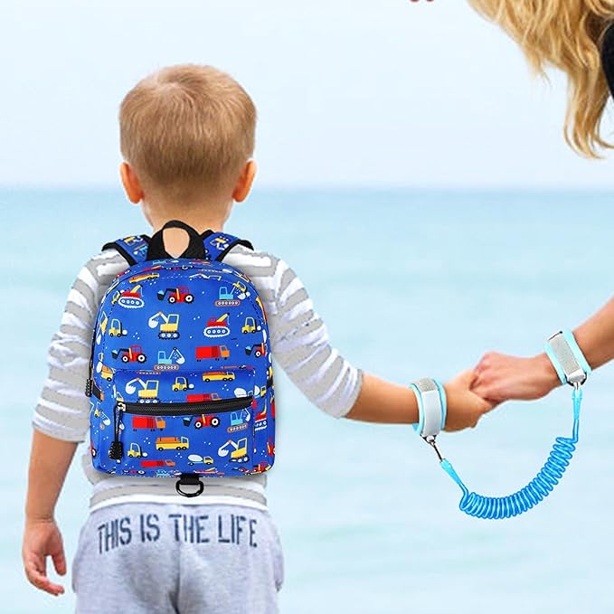 Accmor Toddler Backpack Leash with Anti Lost Wrist Link, Cute Mini Child Walking Harnesses Keep Kids Close Back Pack Rope Tether Rein for Baby Boys (Blue/Excavator)