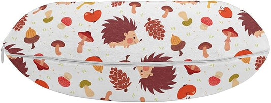 Ambesonne Mushroom Travel Pillow Neck Rest, Autumn Inspired Pattern with Natural Elements Hedgehogs Acorns and Apples, Memory Foam Traveling Accessory for Airplane and Car, 12", Burgundy White