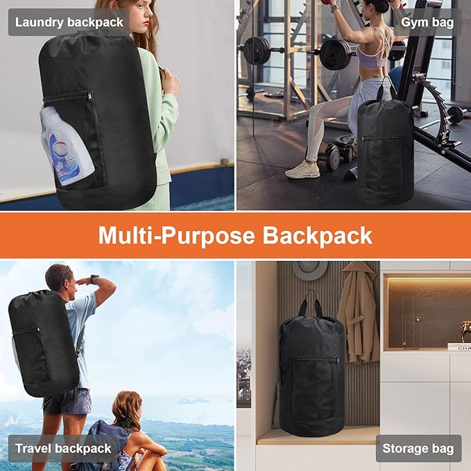 Femuar Laundry Bag Backpack Durable Laundry Bag with Shoulder Straps and Mesh Pockets Portable Laundry Dirty Clothes Hamper Bag for College Dorm (Black)