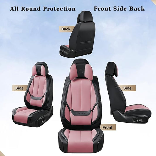 Coverado Universal Seat Covers Front, 2-Pack Universal Seat Covers for Cars, Waterproof Nappa Leather Car Seat Covers with Head Pillow, Auto Protectors Fit for Most Sedans Pick-up Truck-Black&Pink