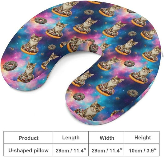 Comfortable Memory Foam Travel Neck Pillow Space Doughnut Donut Cats, Washable Removable Cover, Chin Head Support for Airplane Car Office Pain Relief Sleeping