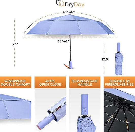 DryDay Travel Umbrellas for Rain - Large Windproof Double Canopy Umbrella, 10 Durable Ribs, Strong Frame, Auto Open Close Ergonomic Handle, Compact Waterproof Umbrella for Women & Men